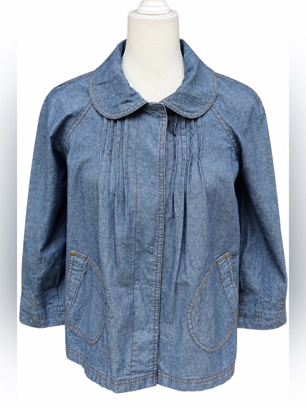Kim Rogers Petite Small Chambray Denim Jacket 100% Cotton Utility Safari Jacket